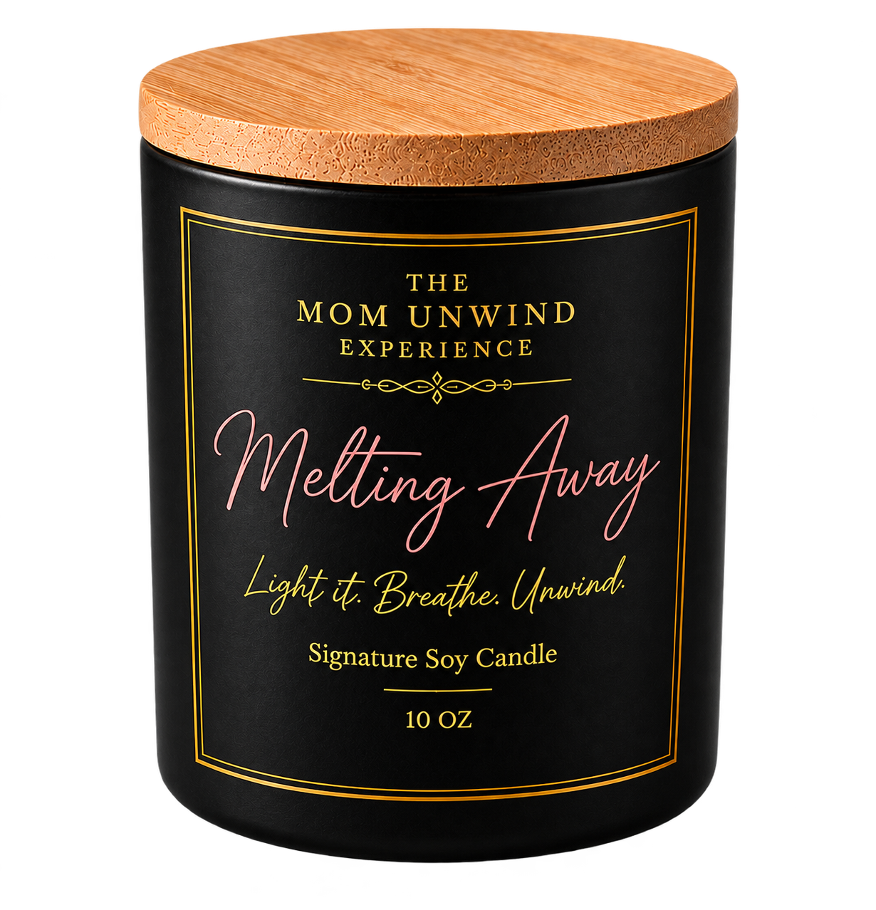 Melting Away signature candle in a black jar with a rose gold lid