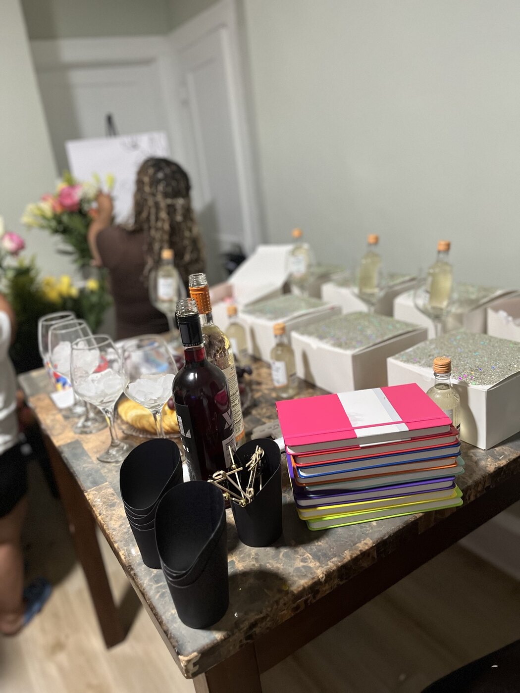 Journals, Unwind Boxes, and refreshments ready for guests