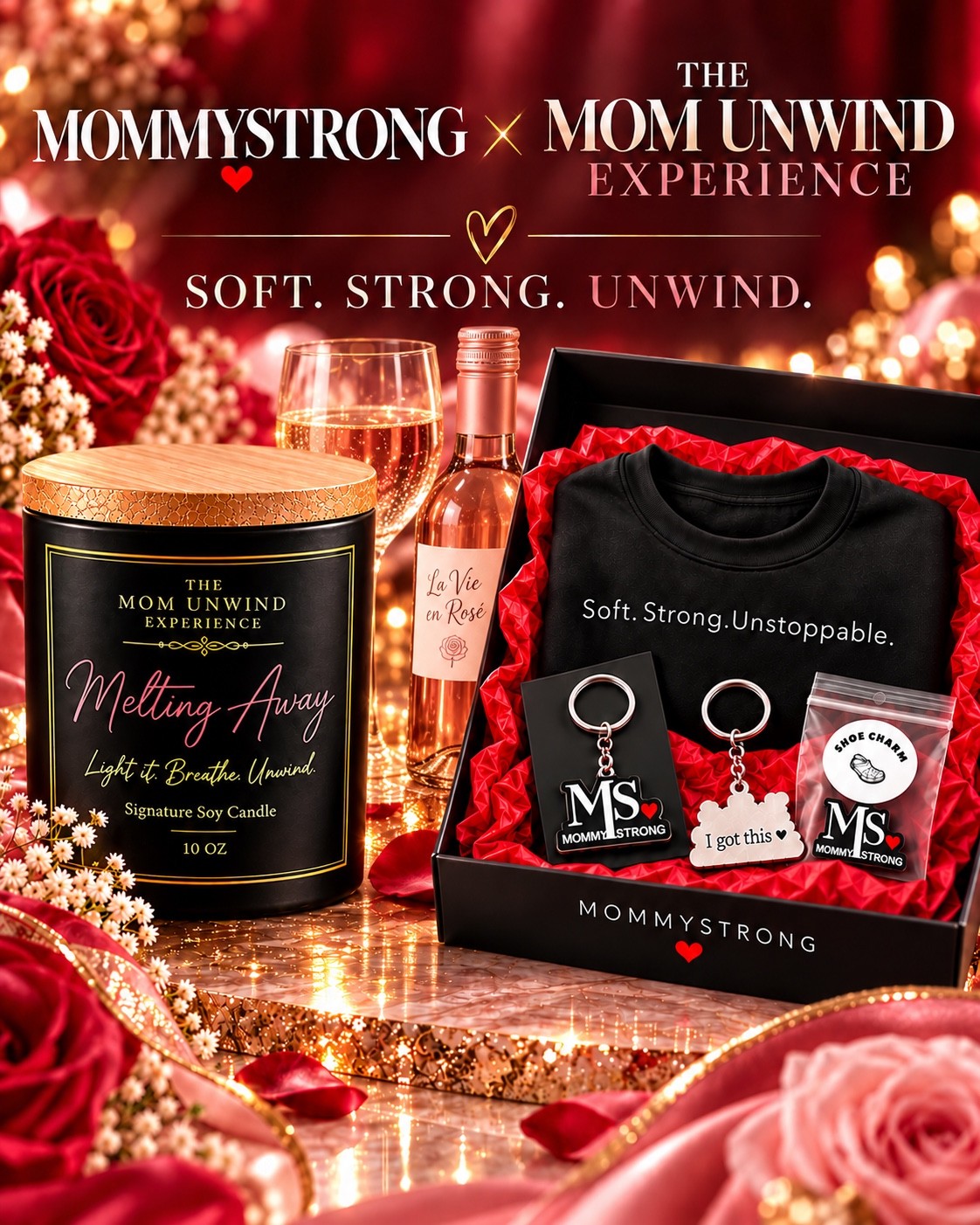 The Mom Unwind Experience × MommyStrong — Soft. Strong. Unwind. October giveaway featuring Melting Away and MommyStrong gifts